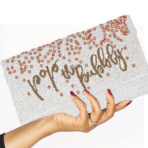 Pop The Bubbly White Champagne Beaded Crossbody Chain Clutch NEW NWT